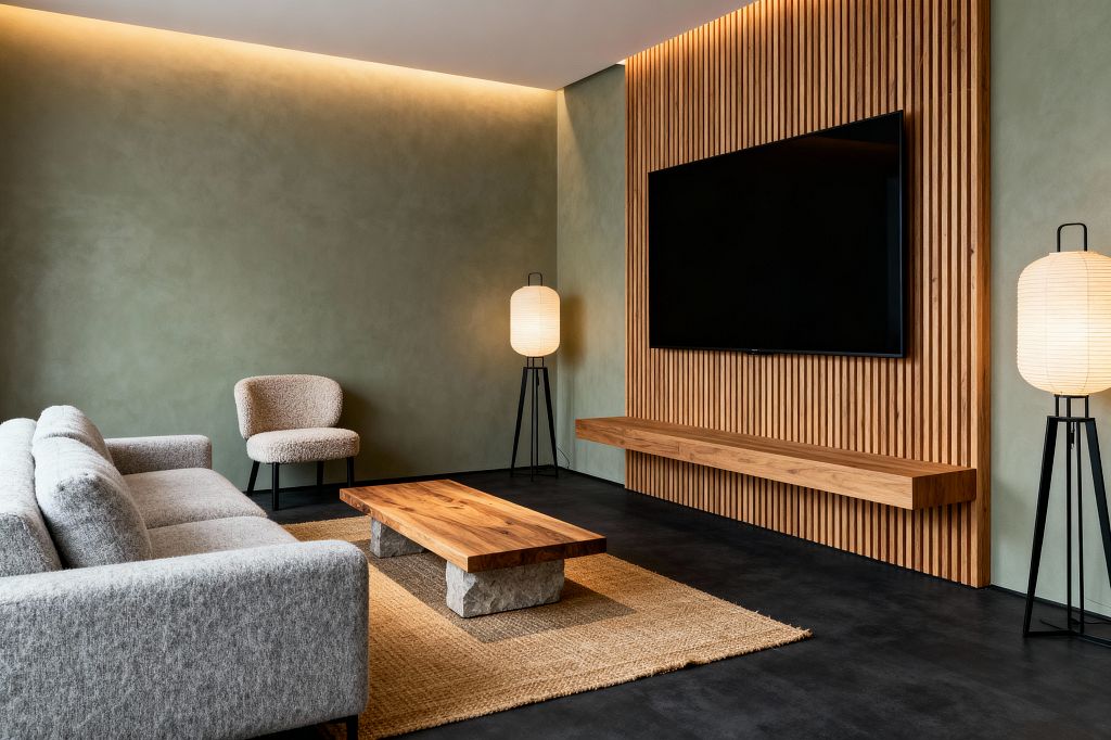 A Scandinavian-style media room features a slatted oak accent wall with a mounted flat-screen TV and a floating oak shelf, set against sage green plaster walls. A light gray sofa and a cream bouclé lounge chair face a low coffee table with a solid wood top on stone block legs, atop a natural jute rug; two black tripod floor lamps with paper lantern shades and warm cove lighting along the ceiling wash the room in soft light over a dark charcoal concrete floor.