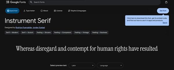 Screenshot of the Google Fonts page for the font 'Instrument Serif'.
