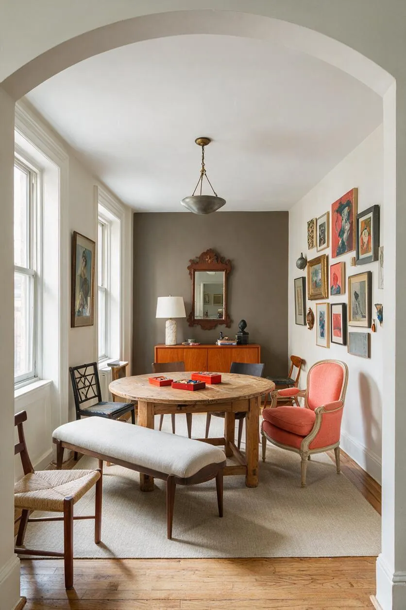 A bright eclectic game room with a round wooden table at the center, surrounded by mixed vintage chairs and a upholstered bench. The room features a gallery wall of colorful framed art, a dark accent wall with a carved mirror, a mid-century sideboard, and a simple pendant light under a high arched opening.