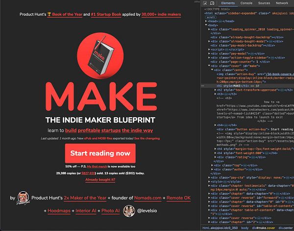 The image features a promotional webpage for the book 'MAKE: The Indie Maker Blueprint'.