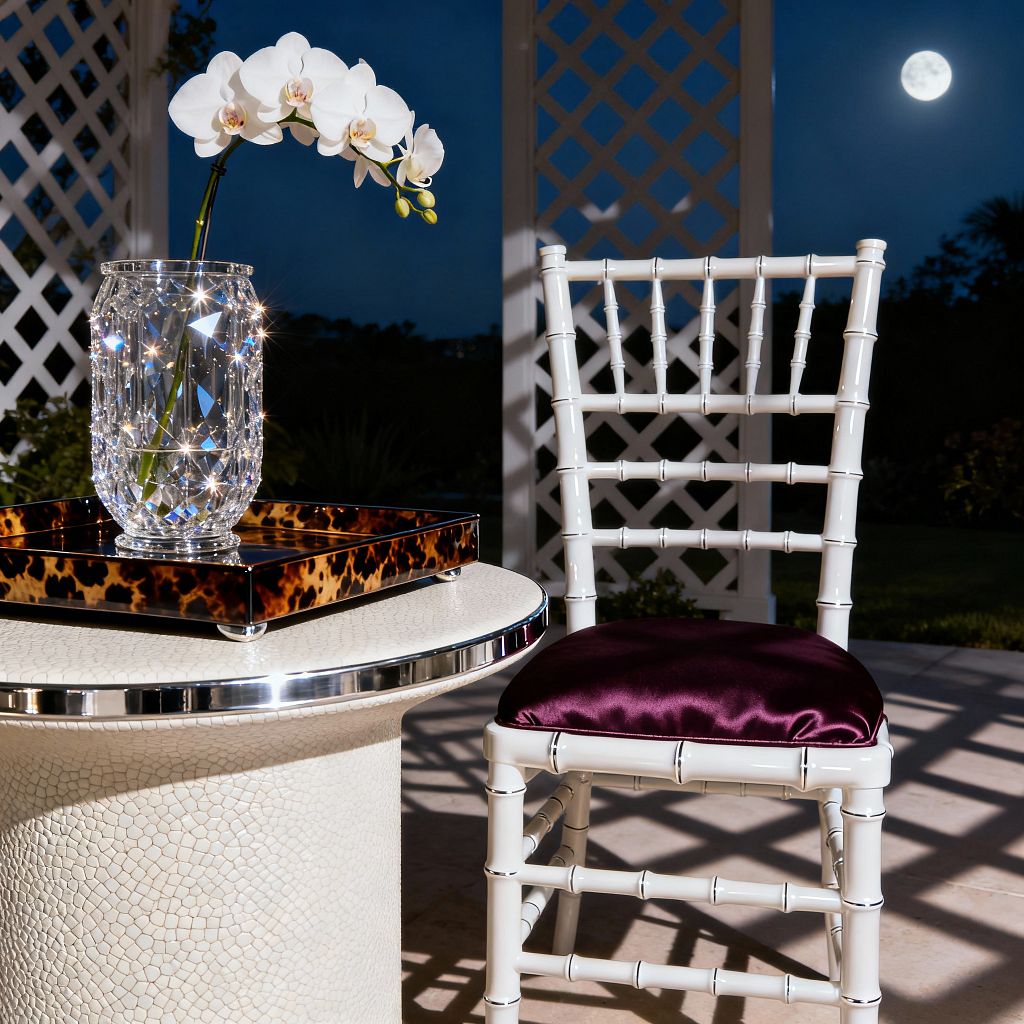Nighttime patio scene with a glossy white faux-bamboo chair featuring a deep plum satin seat, set beside a round pedestal table clad in ivory shagreen with polished chrome edging. On the table, a tortoiseshell tray holds a faceted crystal vase with a white orchid, sparkling against white lattice trellis panels, pale stone flooring, and a moonlit sky in the background.