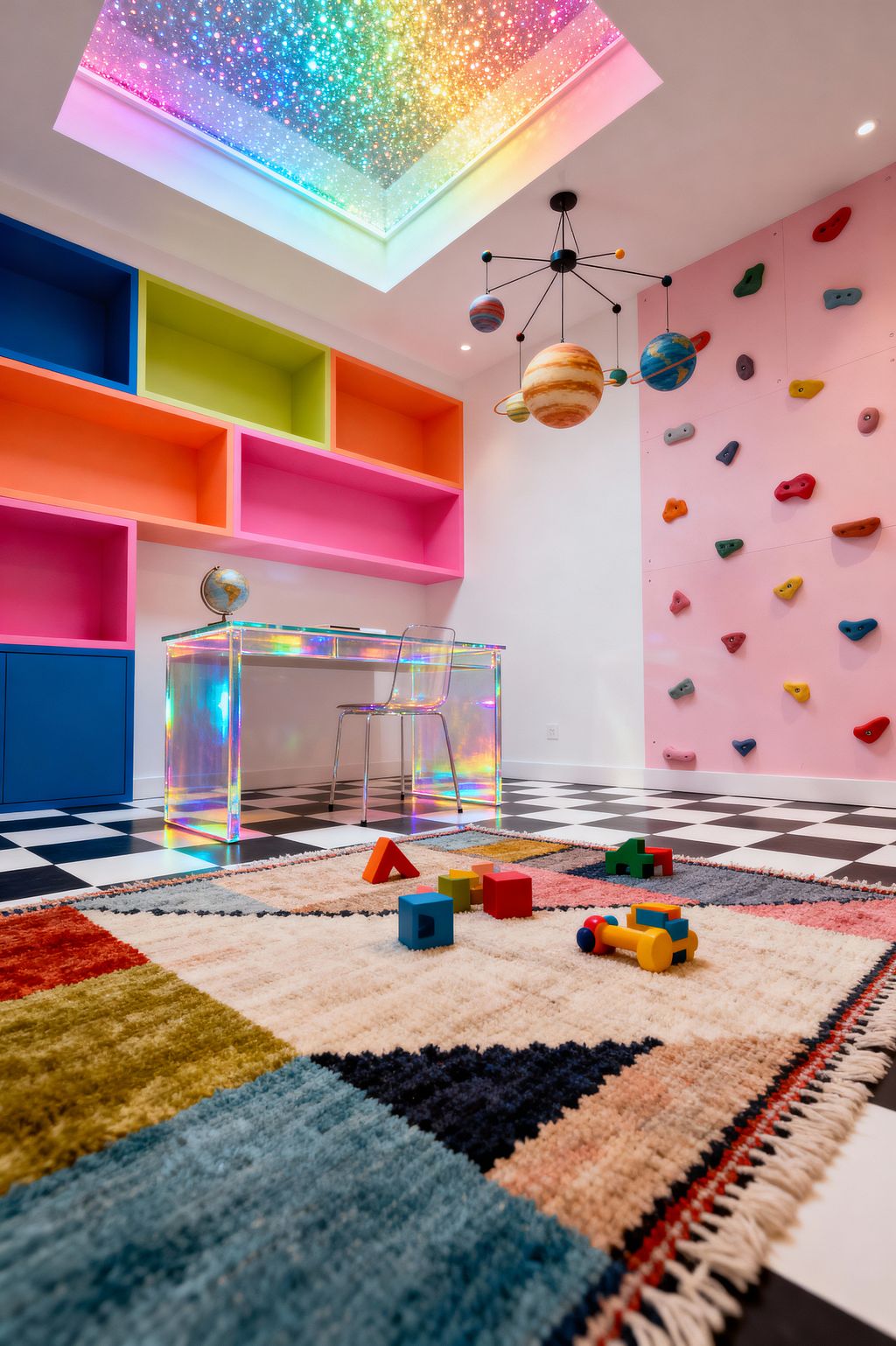A vibrant kids’ room features a large skylight with a rainbow, starry effect that casts color onto a black-and-white checkered floor, where a plush geometric rug holds bright wooden toys. Along the walls, neon open cubbies and deep blue base cabinets back an iridescent acrylic desk with a clear chair, while a pastel pink climbing wall with multicolored grips sits beneath a hanging solar-system mobile.