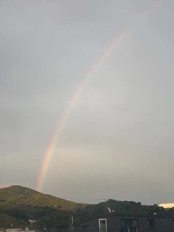 A vibrant rainbow arches over a serene landscape featuring a reflective lake and lush green trees under a partly cloudy sky.