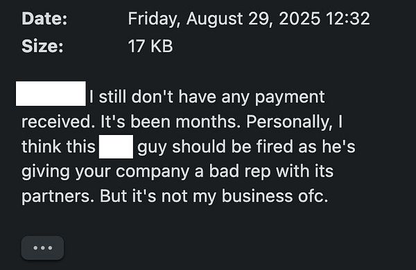 A message expressing frustration over unpaid bills and suggesting the termination of a head of payments.