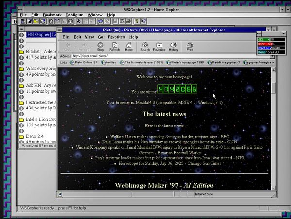 A vintage web page displayed in an early version of Microsoft Internet Explorer, featuring a starry background and news headlines.