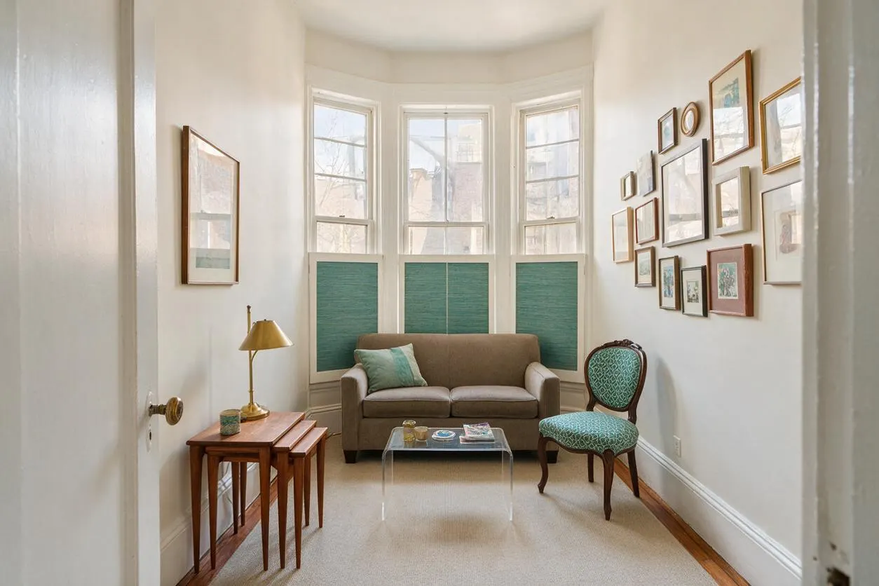 A narrow sunroom with tall bay windows, white walls, and teal window panels behind a small taupe sofa. A vintage upholstered chair, nested wooden tables with a brass lamp, a clear coffee table, and a gallery wall of framed art create an eclectic, airy seating nook.