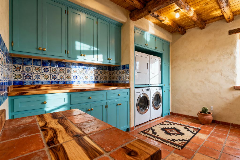 A Southwestern-style laundry room with turquoise Shaker cabinets and brass knobs, a blue-and-white Talavera tile backsplash, and mesquite wood countertops above Saltillo terracotta floors. Textured sand-colored plaster walls and a ceiling with exposed timber vigas frame a built-in alcove for white front-loading washer and dryer, with a Navajo-pattern rug and a terracotta pot holding a cactus near a sunlit window.