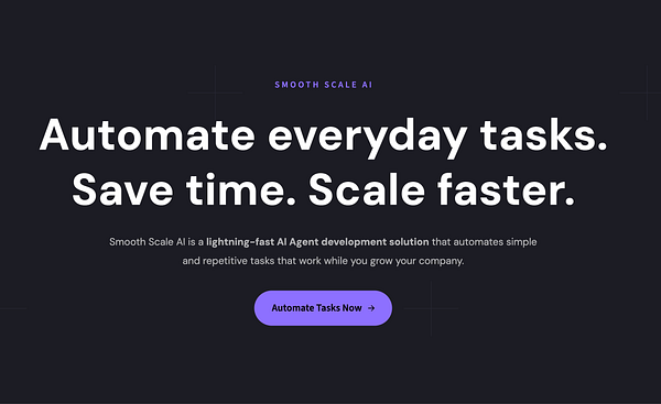 The image features a modern landing page design for Smooth Scale AI, emphasizing task automation.