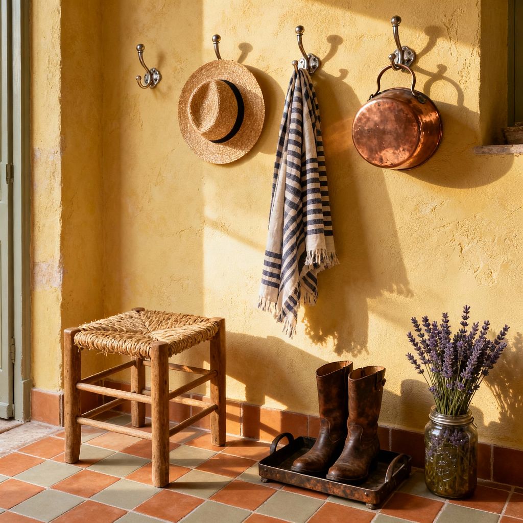 A sunlit French Country mudroom features textured ochre plaster walls with three wrought-iron hooks displaying a straw hat, a blue-and-cream striped scarf, and a copper pot. Below, a rustic wood stool with a woven rush seat sits on a terracotta-and-sage checker tile floor next to a metal boot tray holding worn brown leather boots and a glass jar filled with lavender stems. Light from an olive-painted door casts warm shadows across the space.