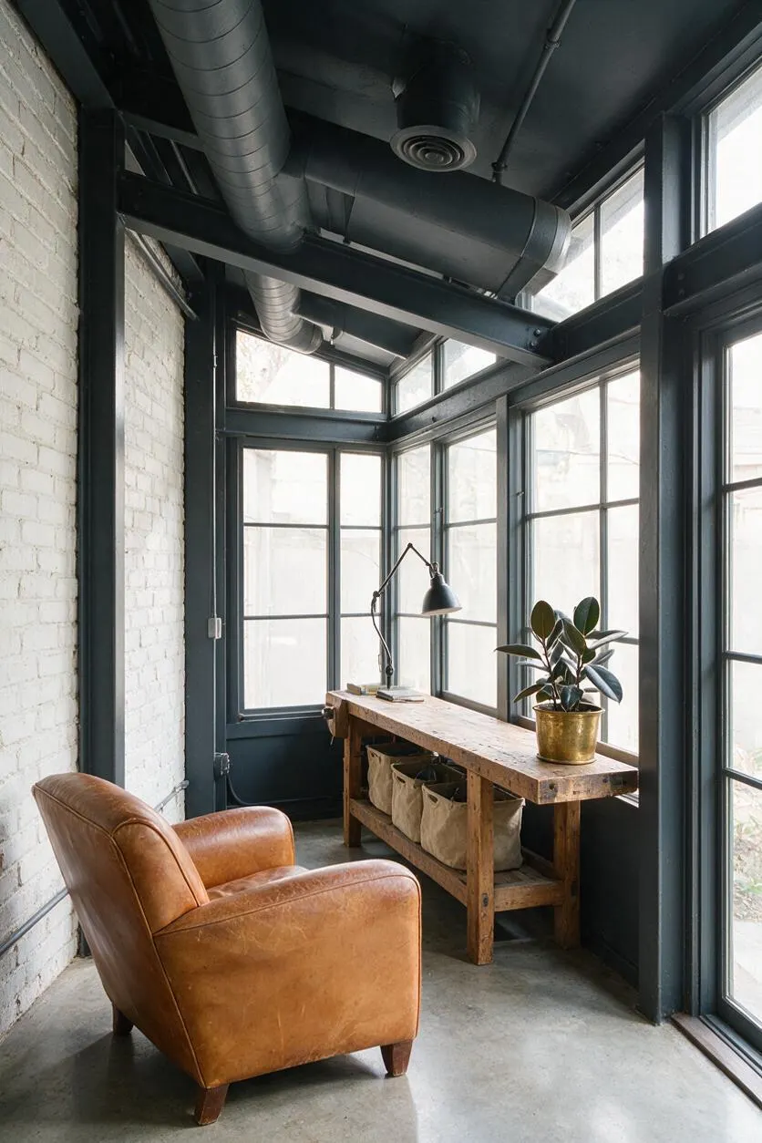 A narrow industrial-style sunroom with black steel-framed windows and exposed ductwork overhead, a white painted brick wall on one side, and a weathered wood desk along the window wall. A tan leather armchair sits in the foreground, while a small lamp and potted plant add warmth to the stark, light-filled space.