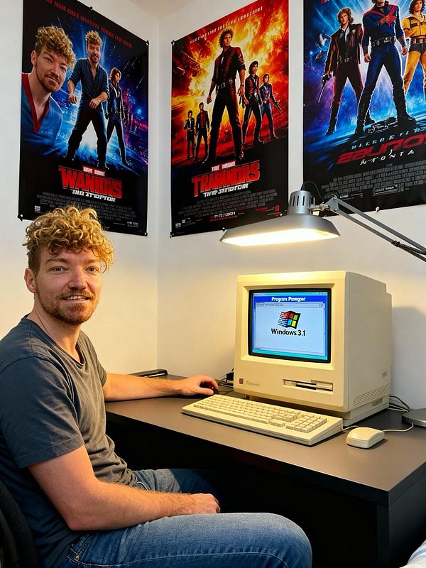 A man sits at a desk with a vintage computer displaying Windows 3.1, surrounded by movie posters.