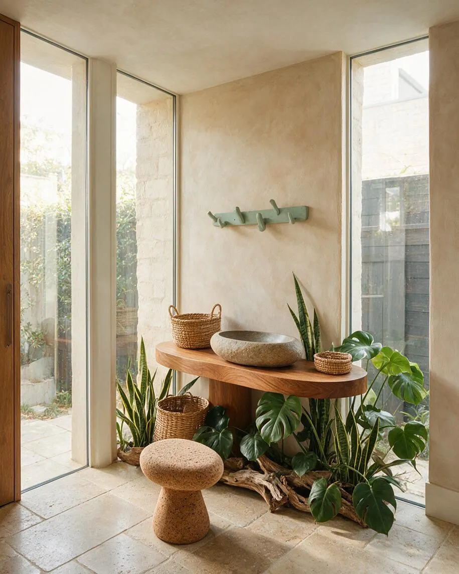 A bright entryway with floor-to-ceiling glass windows, textured beige plaster walls, and a warm wood console table styled with woven baskets and a stone bowl. Lush green plants and driftwood accents fill the base of the console, while a rounded stone stool sits on pale tile flooring, creating a natural, calming welcome.