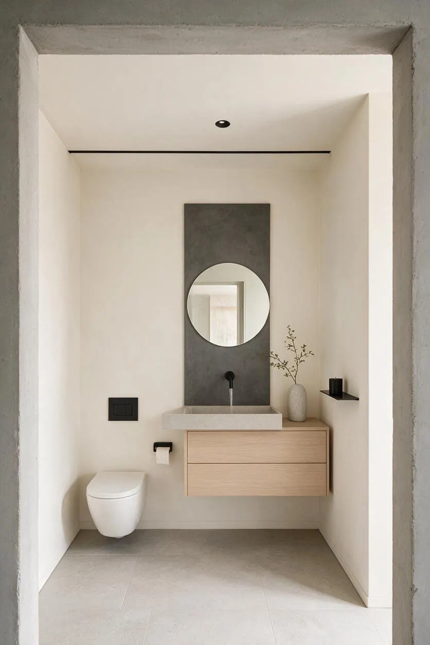 A minimalist powder room with white walls, a light wood floating vanity, a square stone sink, and a round mirror mounted on a dark gray wall panel. A wall-mounted toilet sits to the left, with black fixtures and a small shelf adding subtle contrast.