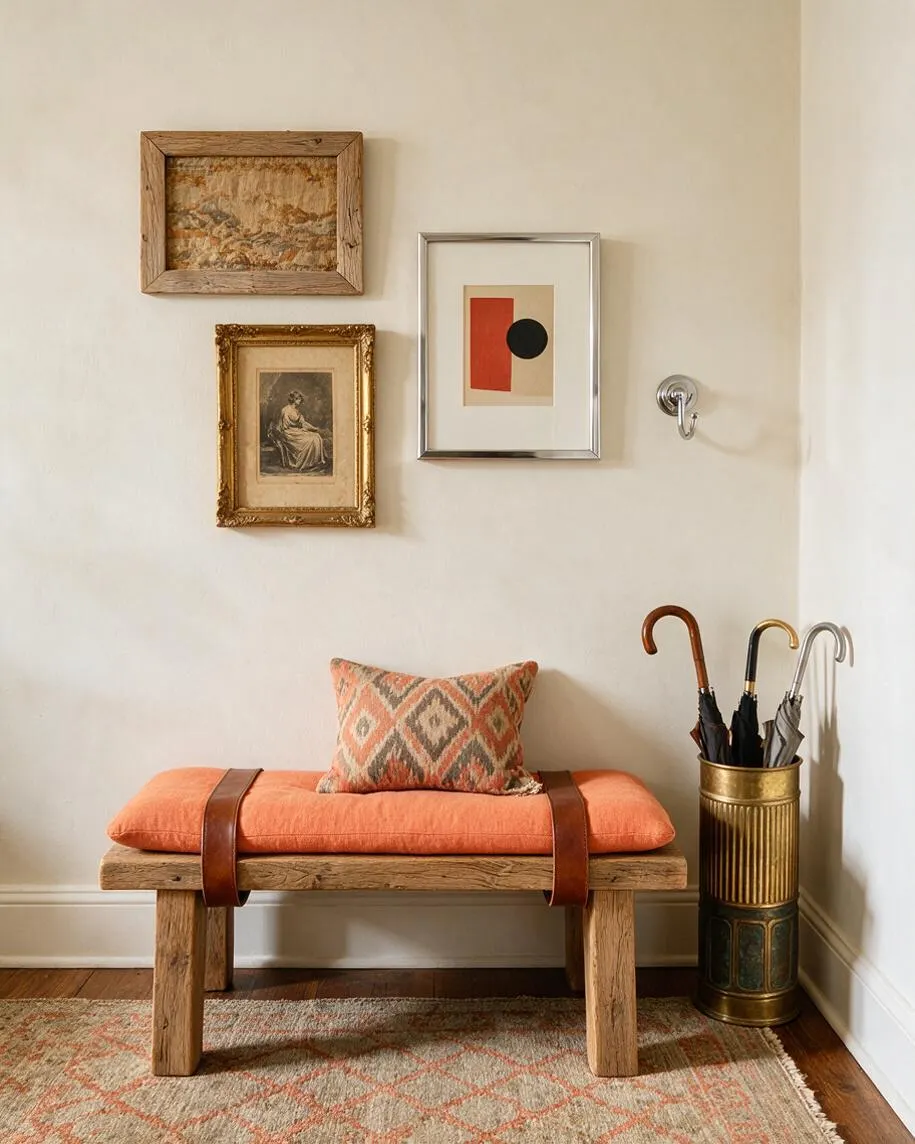 A small eclectic entry vignette with a rustic wooden bench topped by a coral cushion and patterned lumbar pillow. Above it, three differently framed artworks hang on a cream wall, and a brass umbrella stand with umbrellas sits to the right on a warm wood floor.