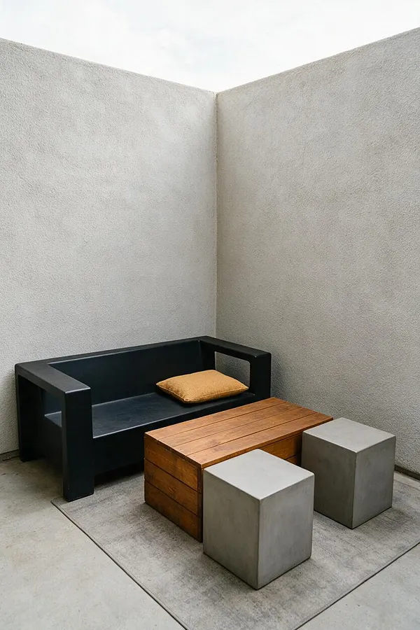 A compact patio with tall textured concrete walls enclosing a simple seating arrangement. The space features a black boxy outdoor bench with a tan cushion, a low wooden slat coffee table, two cube-shaped concrete stools, and a neutral outdoor rug on a concrete floor.