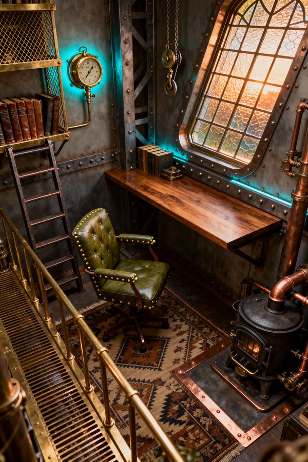 Small steampunk home office with riveted steel walls, a floating walnut desk, and a copper-trimmed leaded-glass window glowing with sunset light. An olive green tufted leather chair sits on a patterned kilim rug beside a cast-iron stove with copper piping; brass railings, a mesh bookshelf ladder with vintage books, a wall gauge, a hanging pulley, and teal backlighting complete the Victorian-industrial atmosphere.
