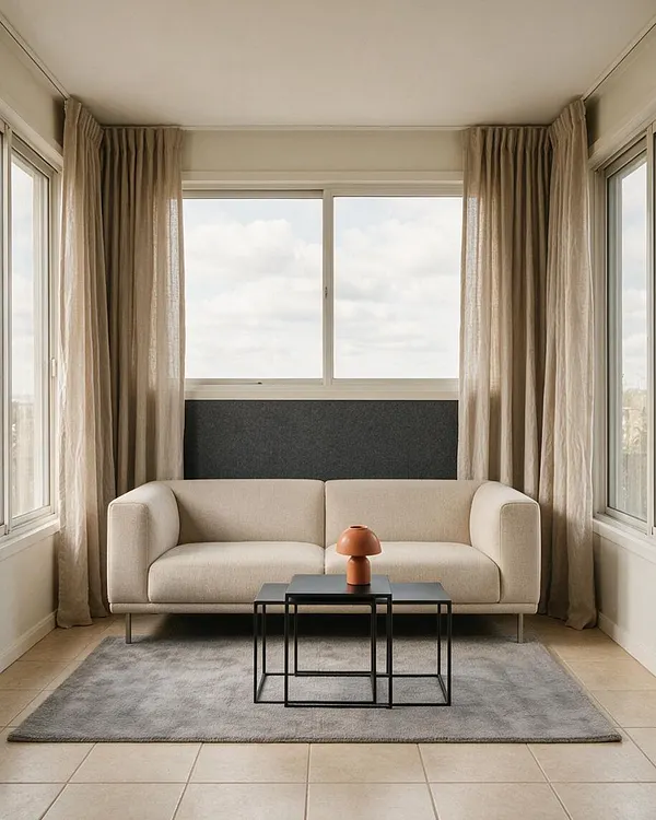 A modern sunroom with a beige two-seat sofa centered beneath a wide window, framed by floor-length sheer curtains. A pair of black nested coffee tables sits on a gray rug, topped with a small terracotta lamp, while large side windows bring in natural light.