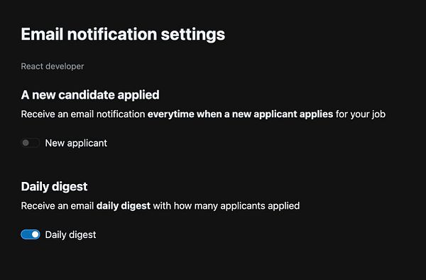 The image displays an email notification settings interface for a React developer.