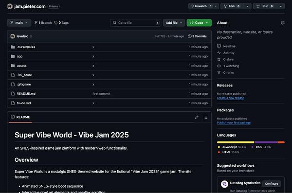 The image displays a GitHub repository interface for a project titled 'Super Vibe World - Vibe Jam 2025'.