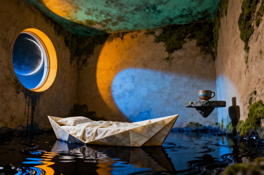 A surreal bedroom shows an origami-like alabaster boat bed with rumpled ivory linens floating on a shallow pool of glossy black water. Weathered limewashed walls and a mottled turquoise ceiling are streaked with moss. A large round porthole frames a crescent moon as amber and cobalt light spill across the room in overlapping circles. At right, a rough basalt shelf appears to levitate, supporting a small ceramic cup and casting a long shadow on the plaster.