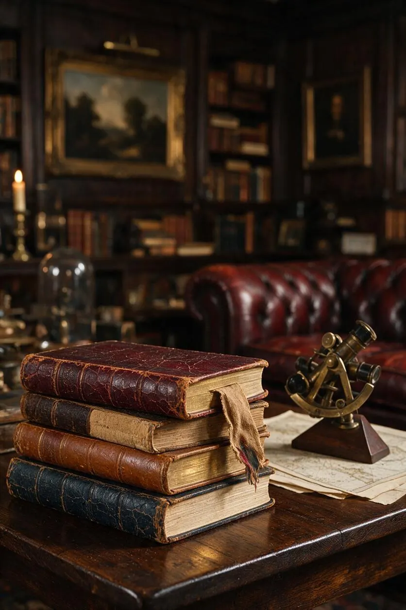 A stack of worn leather-bound books sits on a dark wooden table in a dimly lit study. Behind them are bookshelves, framed artwork, a candle, a leather armchair, and a brass microscope, creating a moody Dark Academia atmosphere.