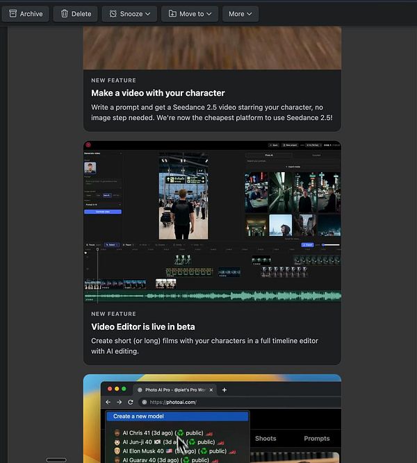 A user interface screen showing configurations for sending auto news updates to #photoai subscribers, including news type selection and tagging options.