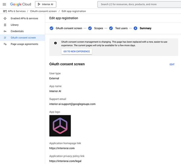 The image displays the OAuth consent screen settings for the 'Interior AI' application in Google Cloud.