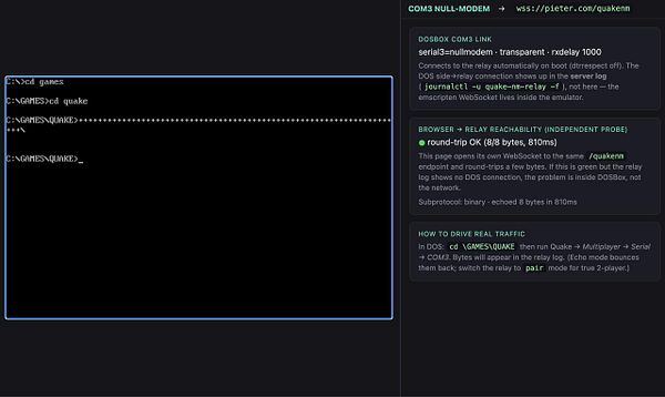 Screenshot of a DOS-based Quake 1 game interface using the Null Modem cable setup for multiplayer connection.