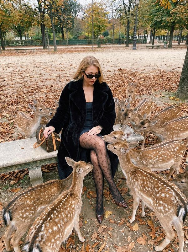 A fashionable woman sits among several deer in a park during autumn.