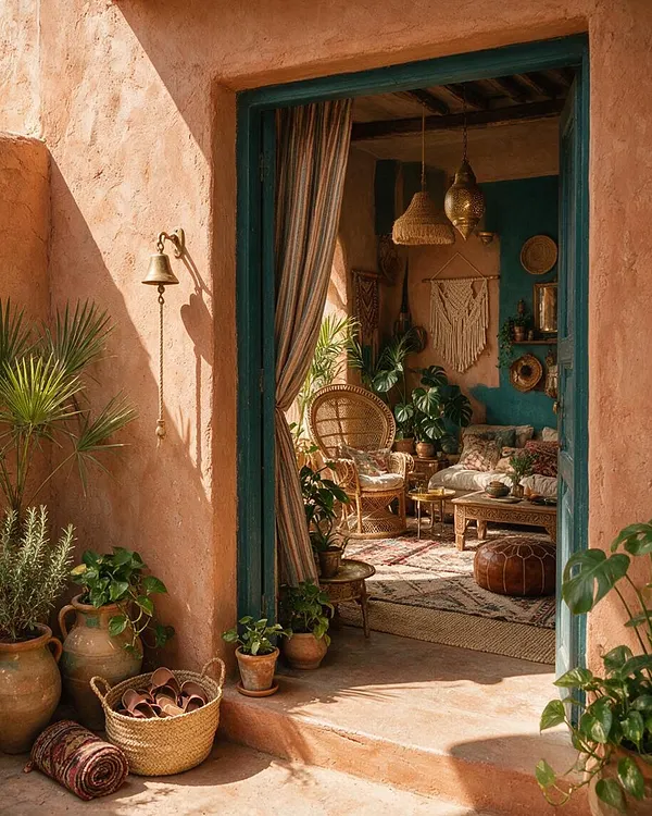 A bohemian-style exterior doorway with textured terracotta stucco walls and a teal-painted frame opening into a cozy, plant-filled sitting room. Woven wicker, macramé wall art, patterned textiles, brass accents, and potted greenery create a warm, layered atmosphere.