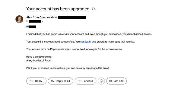 An email notification confirming an account upgrade and addressing previous access issues.