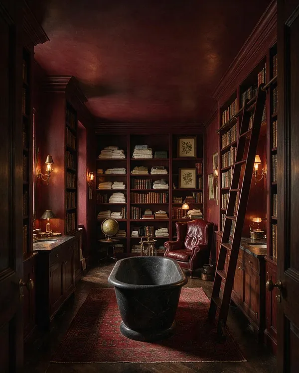A dark academia master bathroom with burgundy walls and ceiling, built-in bookshelves filled with books and folded towels, and a black freestanding bathtub centered on a red patterned rug. Brass wall sconces, a leather armchair, stone counters, and a leaning wooden ladder add a scholarly, vintage atmosphere.