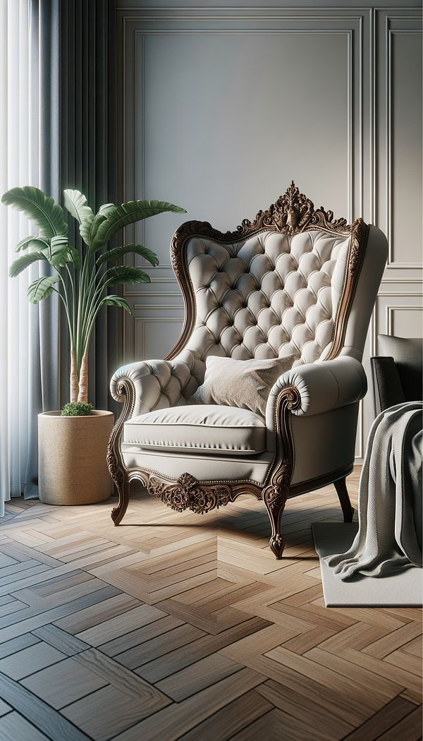 A luxurious and plush bergere armchair with intricately carved wooden frame, sitting elegantly in a contemporary living room setting.