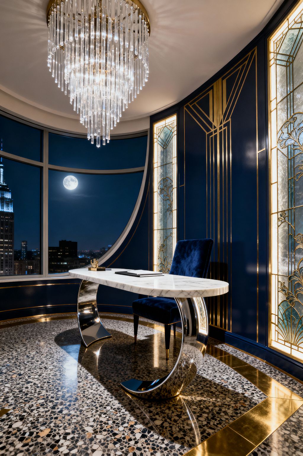 A luxurious Art Deco home office features midnight-blue walls with gold geometric trim and illuminated stained-glass panels. A polished chrome desk with a white marble top stands on terrazzo flooring edged in brass, paired with a navy velvet chair beneath a tiered crystal chandelier; curved floor-to-ceiling windows reveal a night city skyline and a full moon, their reflections amplifying the room’s symmetry, rich materials, and glamorous, streamlined character.