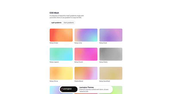 The image displays a collection of colorful CSS mesh gradients with a user interface for selecting and copying them.