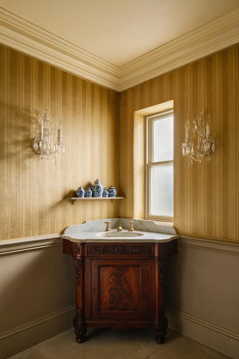 A traditional powder room with golden striped wallpaper, a carved dark wood vanity topped with a white marble sink, and a small frosted window. Crystal wall sconces flank the window, and blue-and-white ceramic jars sit on a narrow shelf above the sink.