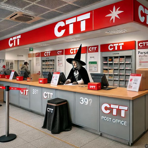 A whimsical scene at a CTT post office featuring a witch-like figure at the counter.