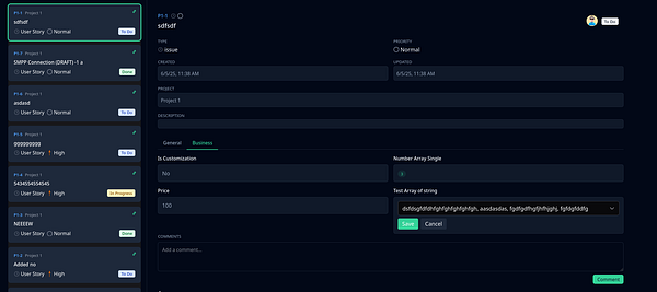 The image displays a user interface for managing tasks and custom fields in a project management tool.