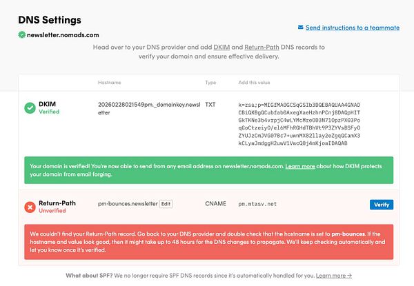 Screenshot of DNS management interface showing CNAME record configuration for adding newsletter.nomads.com.