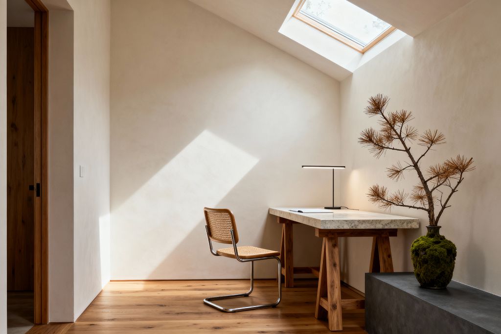 A minimalist Scandinavian home office with a trestle desk that pairs a thick light stone slab with solid wood legs, opposite a chrome cantilever chair with woven cane seat and back. Warm off-white plaster walls and knotty oak floors are illuminated by a skylight casting a diagonal beam, while a slim black task lamp and a moss-covered ceramic vase holding a sculptural dried branch sit on a charcoal concrete bench.