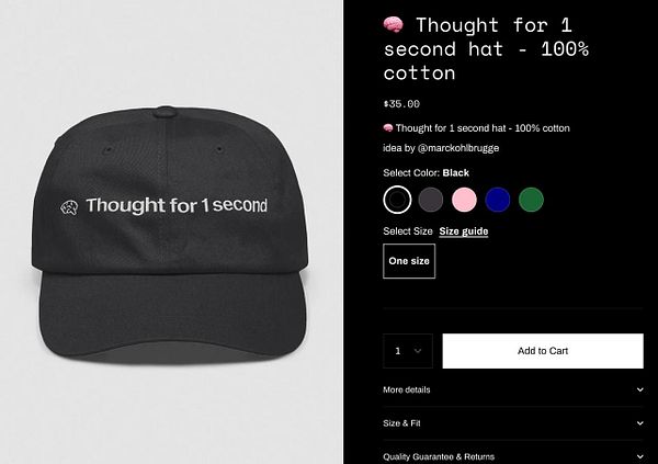 A black baseball cap featuring the phrase 'Thought for 1 second' and a shopping interface for purchasing the hat.