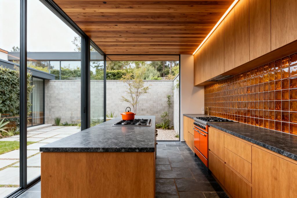 A long galley kitchen with floor-to-ceiling glass on one side facing a minimalist courtyard, featuring flat-panel light wood cabinets and charcoal stone countertops. An orange range and a matching stone-topped island with an inset cooktop sit on dark slate floors; a wood plank ceiling and concealed linear lighting add warmth while translucent amber square tiles form the backsplash, creating a clean Mid-Century Modern, indoor–outdoor look.