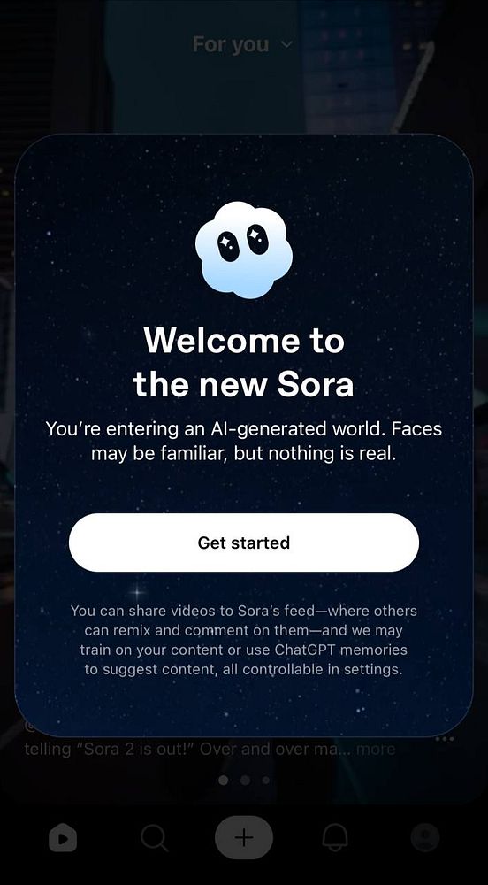 The image displays a welcome screen for a new AI-generated platform called Sora.