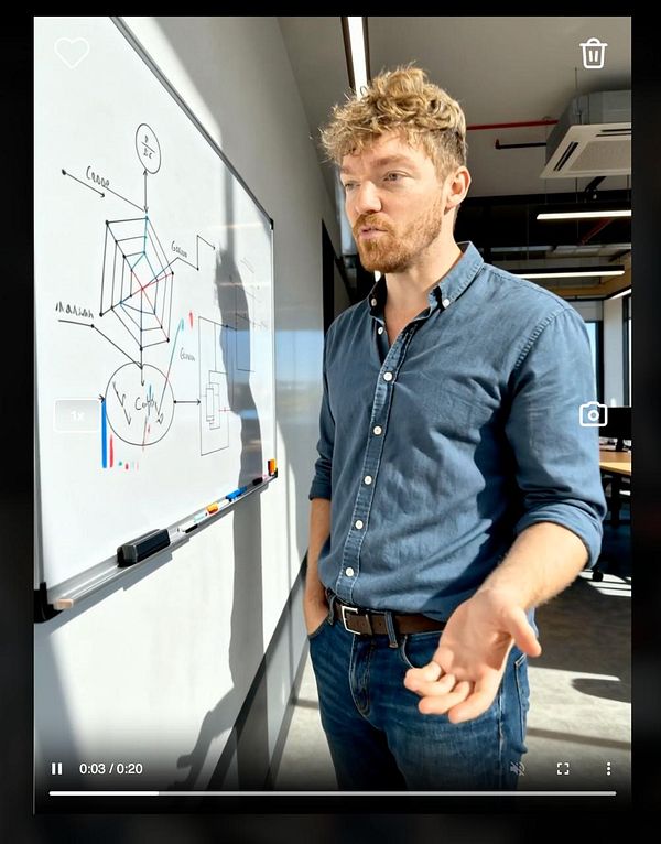 A man is explaining a concept in front of a whiteboard filled with diagrams.