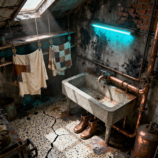 An attic laundry with a sloped corrugated roof and skylight sends shafts of light onto a heavy concrete utility sink. Tarnished copper pipes run across a wall of peeling plaster and exposed brick beneath a glowing cyan fluorescent tube. Patchwork cloths hang from chain-and-pulley lines. The speckled concrete floor is split by a large crack, with worn leather boots beneath the sink and a rusted metal tank nearby.