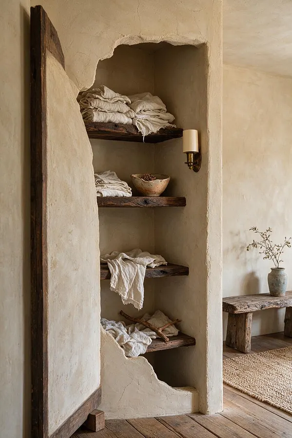 A recessed closet with rough plaster walls and irregular, hand-shaped openings frames four dark reclaimed wood shelves stacked with folded natural textiles. A small brass wall sconce with a cream shade lights the niche, while a rustic bench, clay vase, and woven rug sit in the adjacent room.