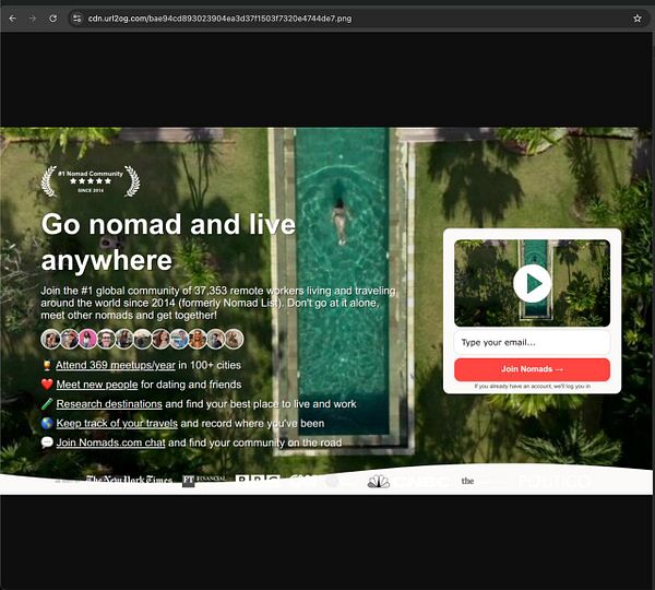 The image features a promotional webpage for a global community of remote workers, showcasing a serene poolside scene.