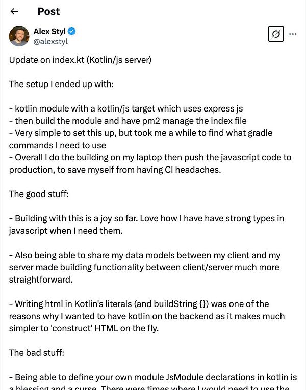 A Twitter post detailing an update on a Kotlin/JS server setup.