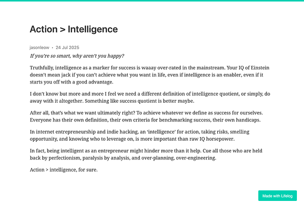 The image features a blog post discussing the theme 'Action > Intelligence'.