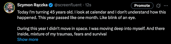 A Twitter post reflecting on turning 45 years old with personal insights.